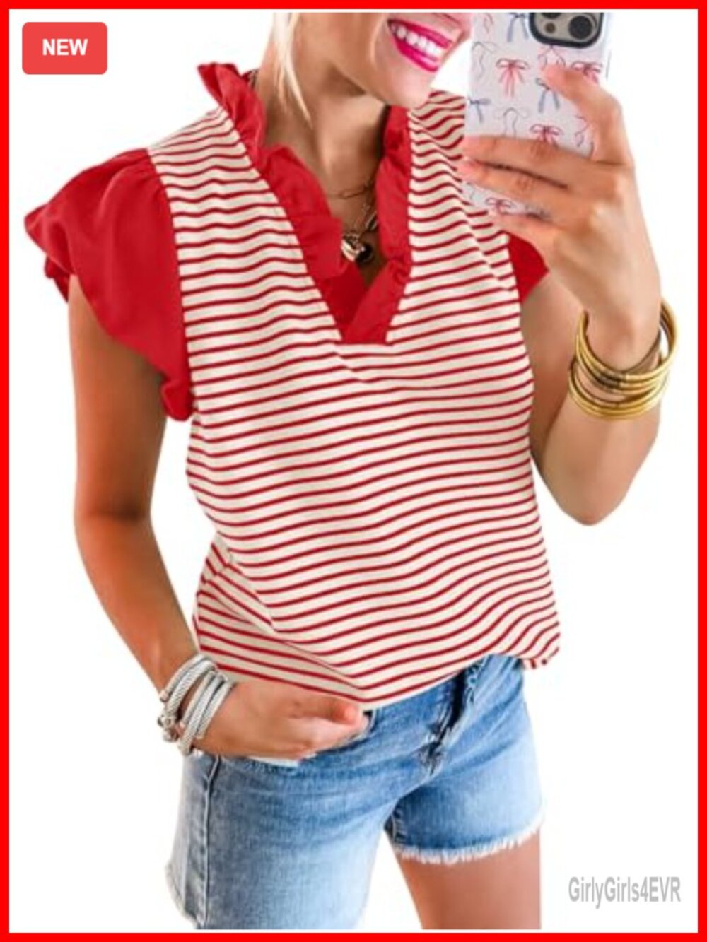 Ruffle Cap Sleeve V-Neck Striped Tank Top Cute Summer Blouse